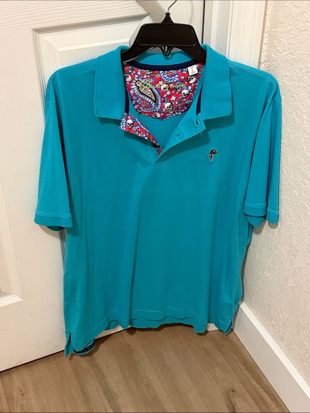 Robert Graham Teal Short-Sleeve Polo with Patterned Inner Placket